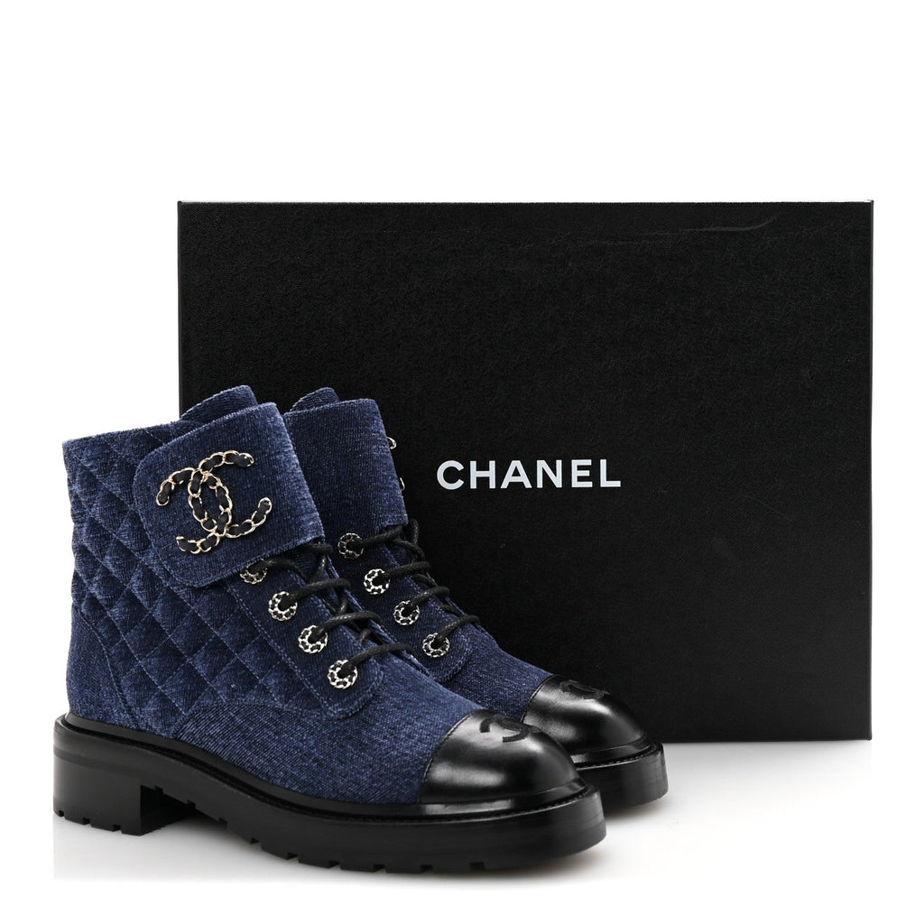 Chanel Shiny Calfskin Velvet Quilted Lace Up Combat Boots 38.5 Blue Black