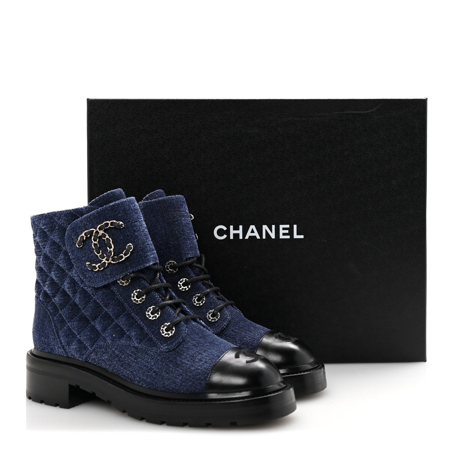 Chanel Shiny Calfskin Velvet Quilted Lace Up Combat Boots 38.5 Blue Black