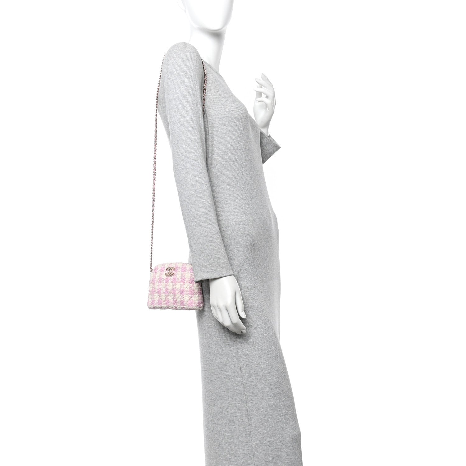 Chanel Tweed Quilted Mini Clutch With Chain Pink