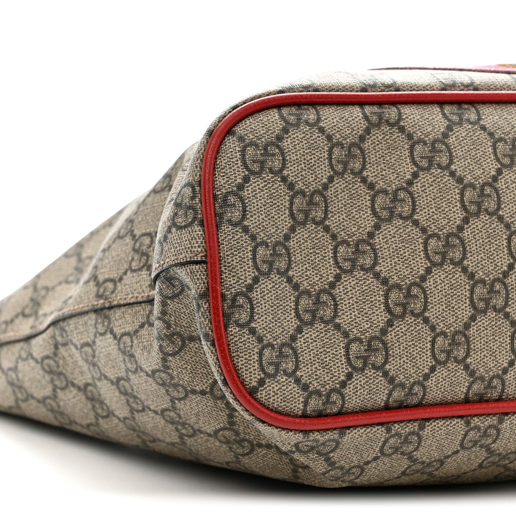 Gucci Soft GG Supreme Monogram Web Bosco Patch Small Crossbody Tote Beige Malva Hibiscus Red