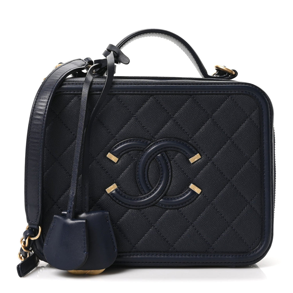 Chanel Caviar Quilted Medium CC Filigree Vanity Case Navy