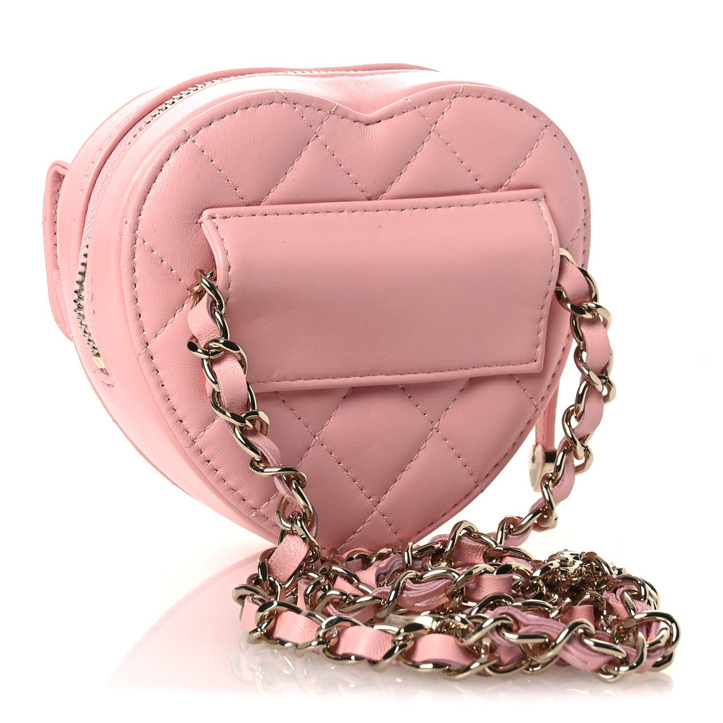 Chanel Lambskin Quilted CC In Love Heart Waist Belt Bag With Chain Light Pink