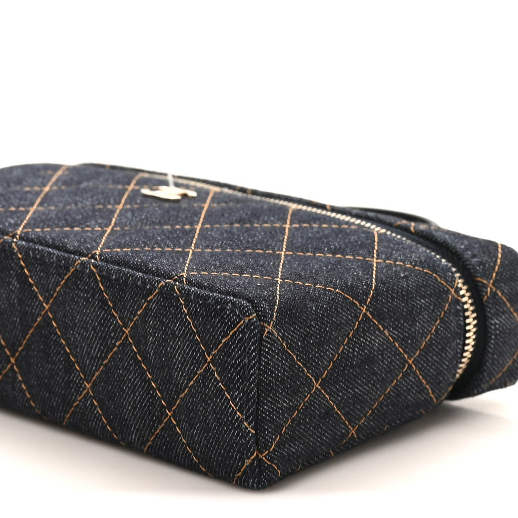 Chanel Denim Quilted Top Handle Slim Vanity Case With Chain Dark Blue Orange