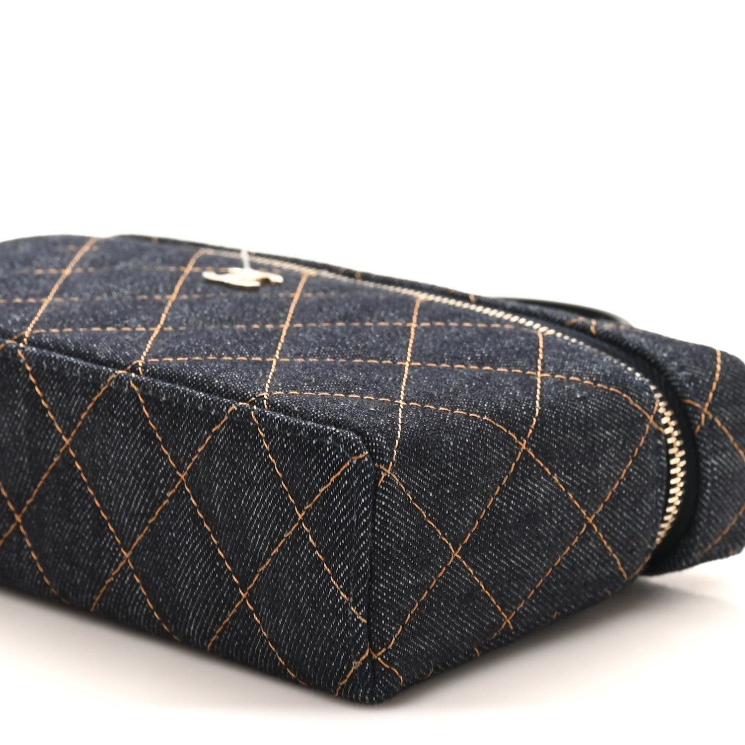 Chanel Denim Quilted Top Handle Slim Vanity Case With Chain Dark Blue Orange