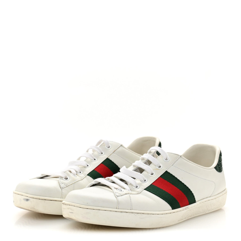 Gucci Calfskin Crocodile Web Mens Ace Sneakers 9 White Green