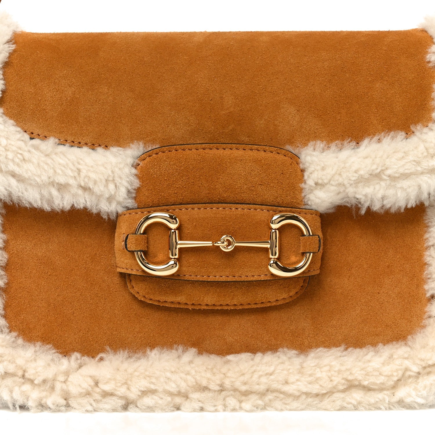 Gucci Suede Shearling Horsebit 1955 Shoulder Bag Honey Beige Milk