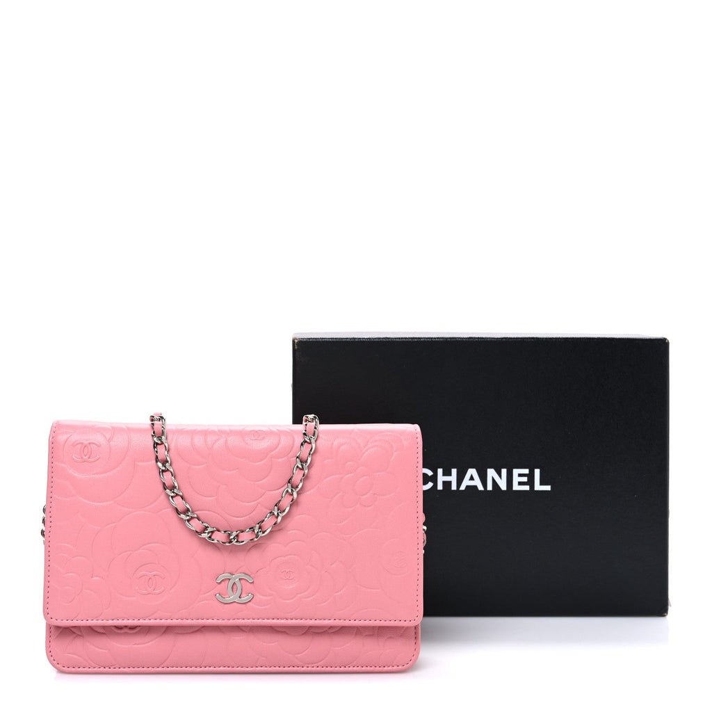 Chanel Lambskin Camellia Embossed Wallet on Chain WOC Pink