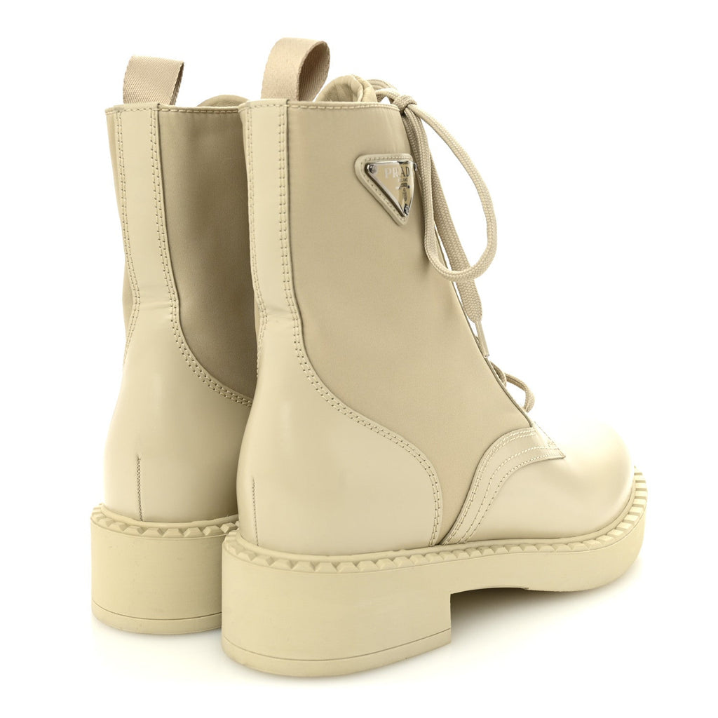 Prada Spazzolato Re-Nylon Metal Triangle Logo Womens 50mm Combat Boots 39 Deserto