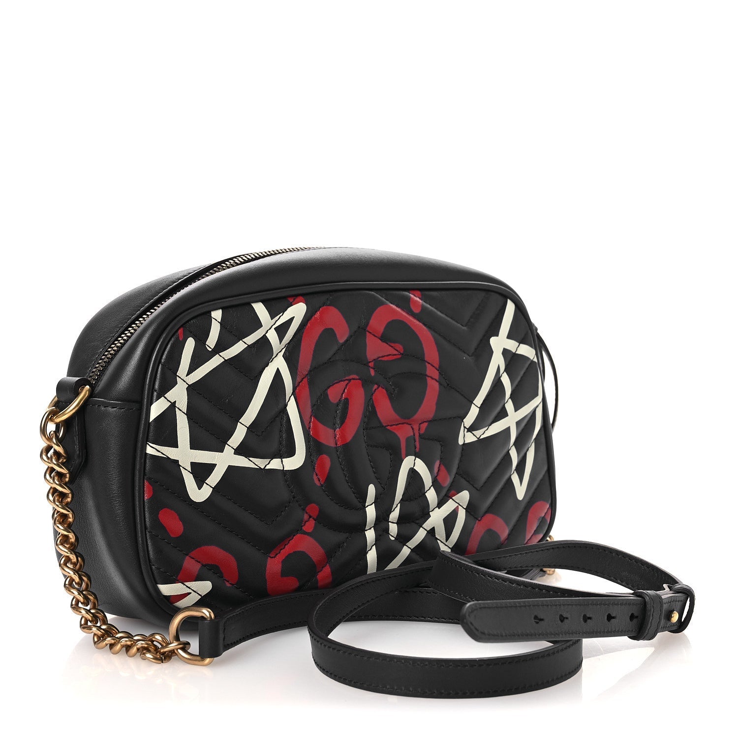 Gucci Calfskin Matelasse GucciGhost Small GG Marmont Chain Shoulder Bag  Black Hibiscus Red
