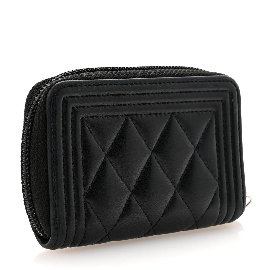 Lambskin Quilted Zip Around Boy Coin Purse Wallet Black