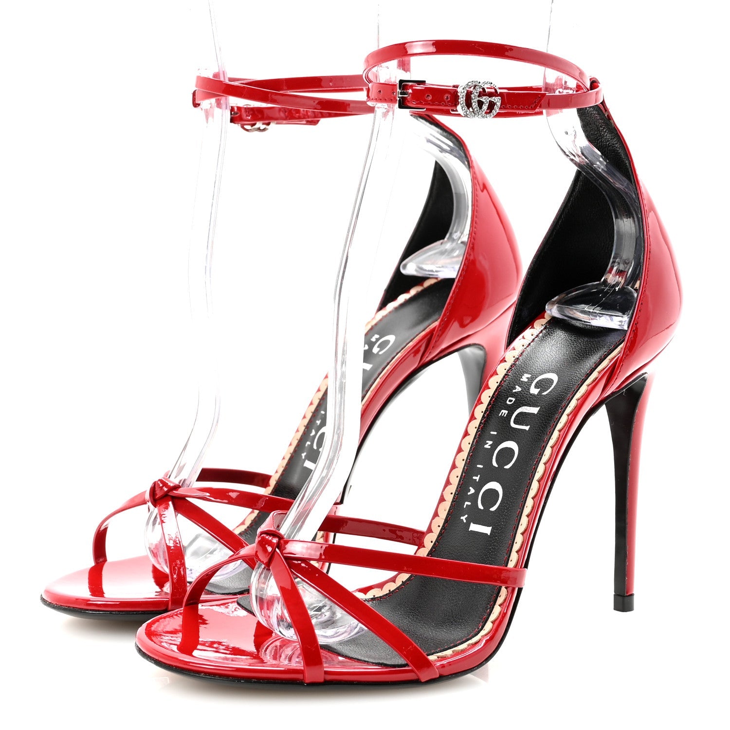 Gucci Patent Crystal Double G Ankle Wrap Sandals 37 Red