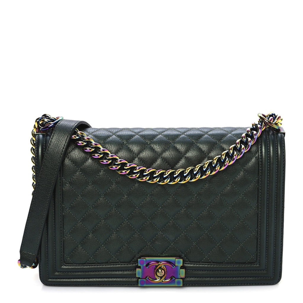 Chanel Iridescent Goatskin Quilted New Medium Boy Flap Green