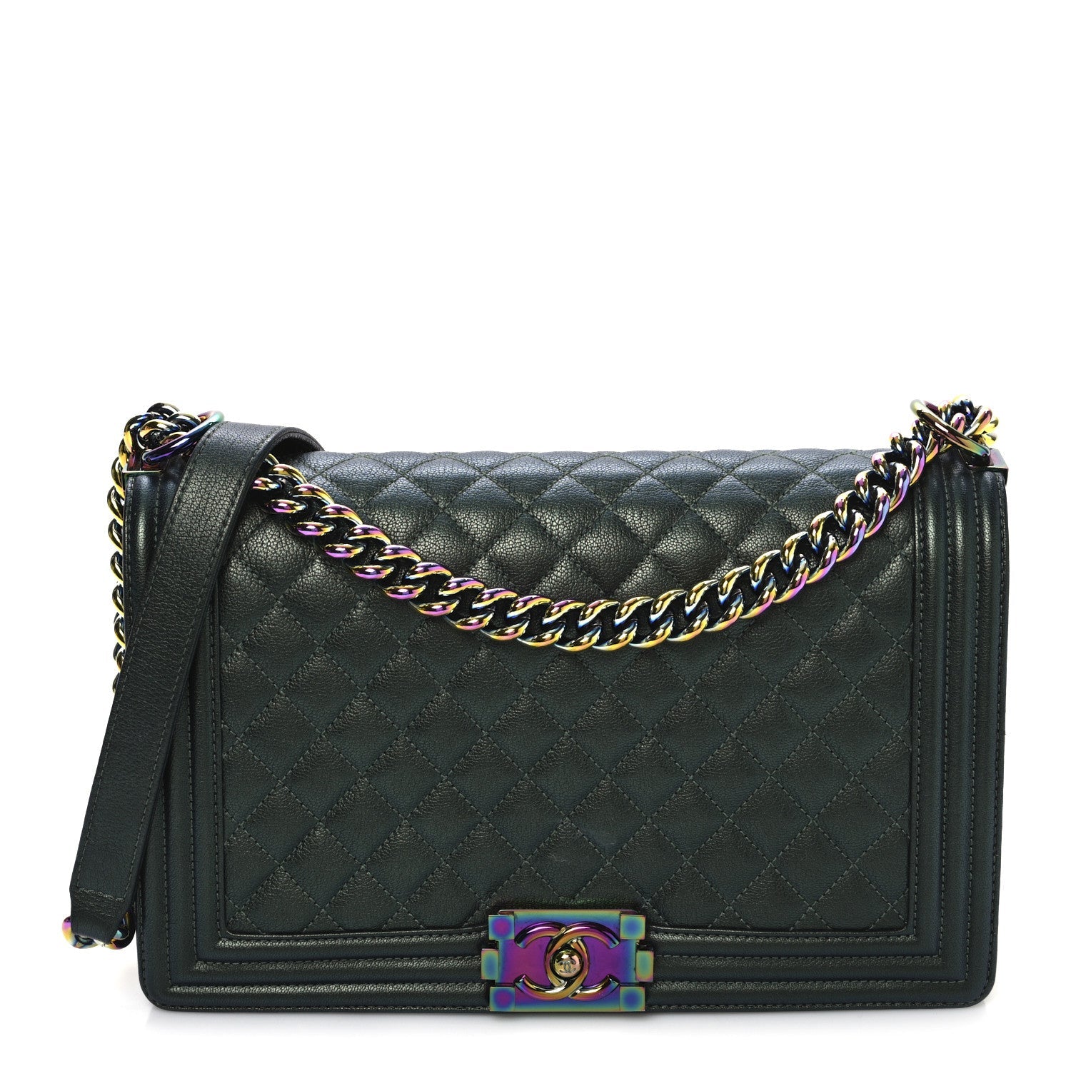 Chanel Iridescent Goatskin Quilted New Medium Boy Flap Green