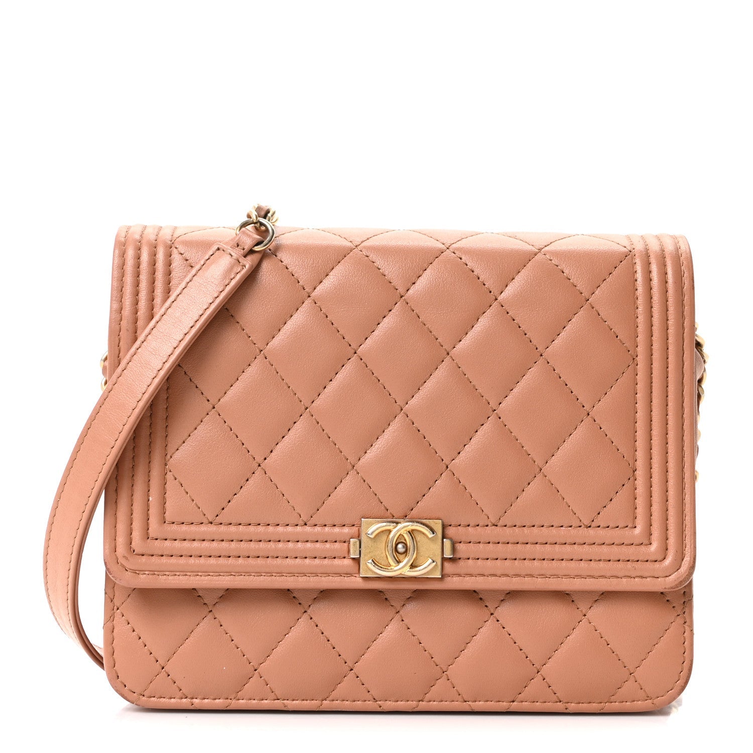Chanel Calfskin Quilted Boy Square Wallet on Chain WOC Brown