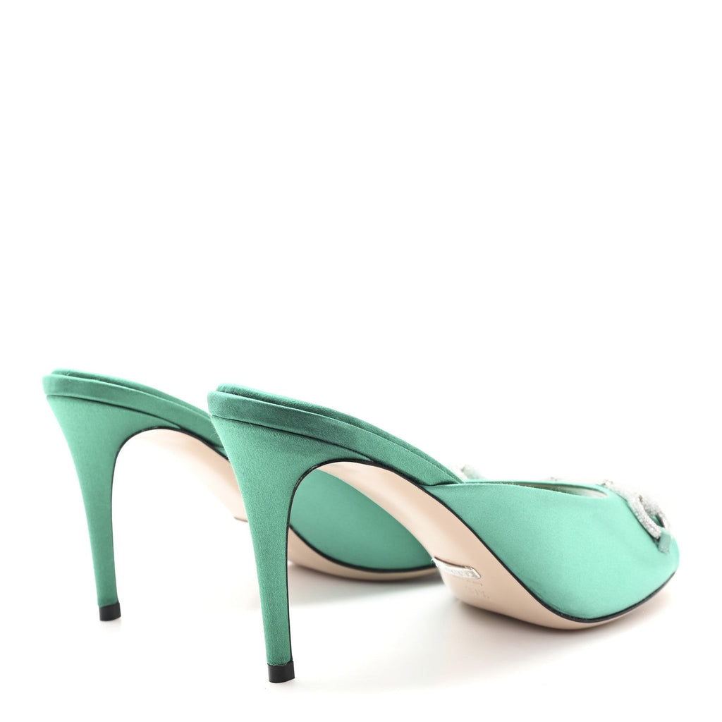 Gucci Raso Seta Malaga Kid Crystal Horsebit Sandals 37.5 Jade Caribbean Green