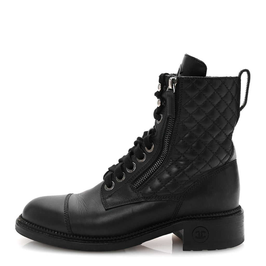 Calfskin Quilted Lace Up Combat Boots 37.5 Black