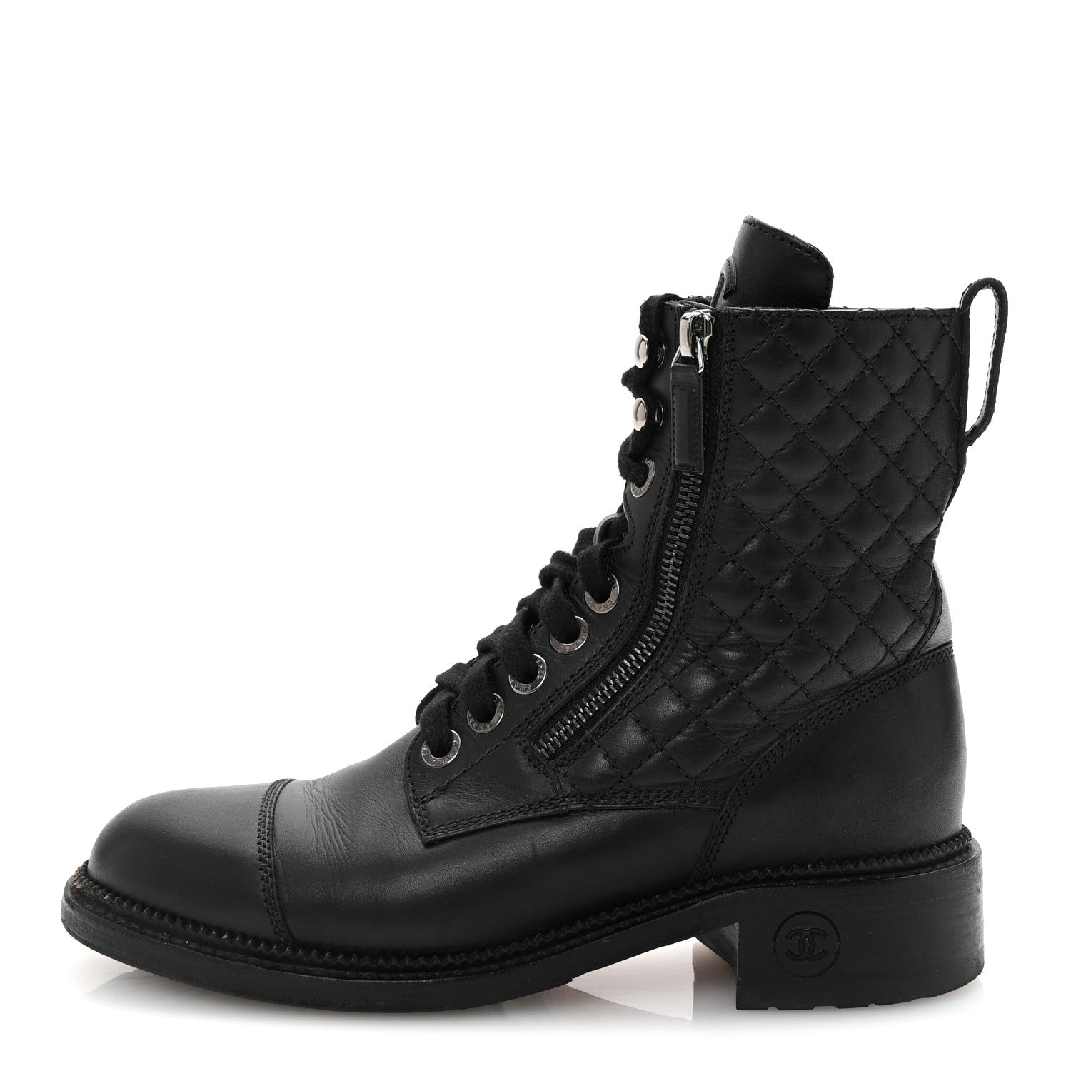 Calfskin Quilted Lace Up Combat Boots 37.5 Black