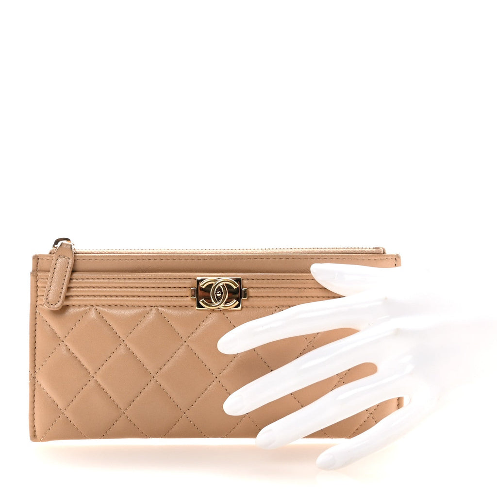 Lambskin Quilted Classic Zip Boy Pouch Beige