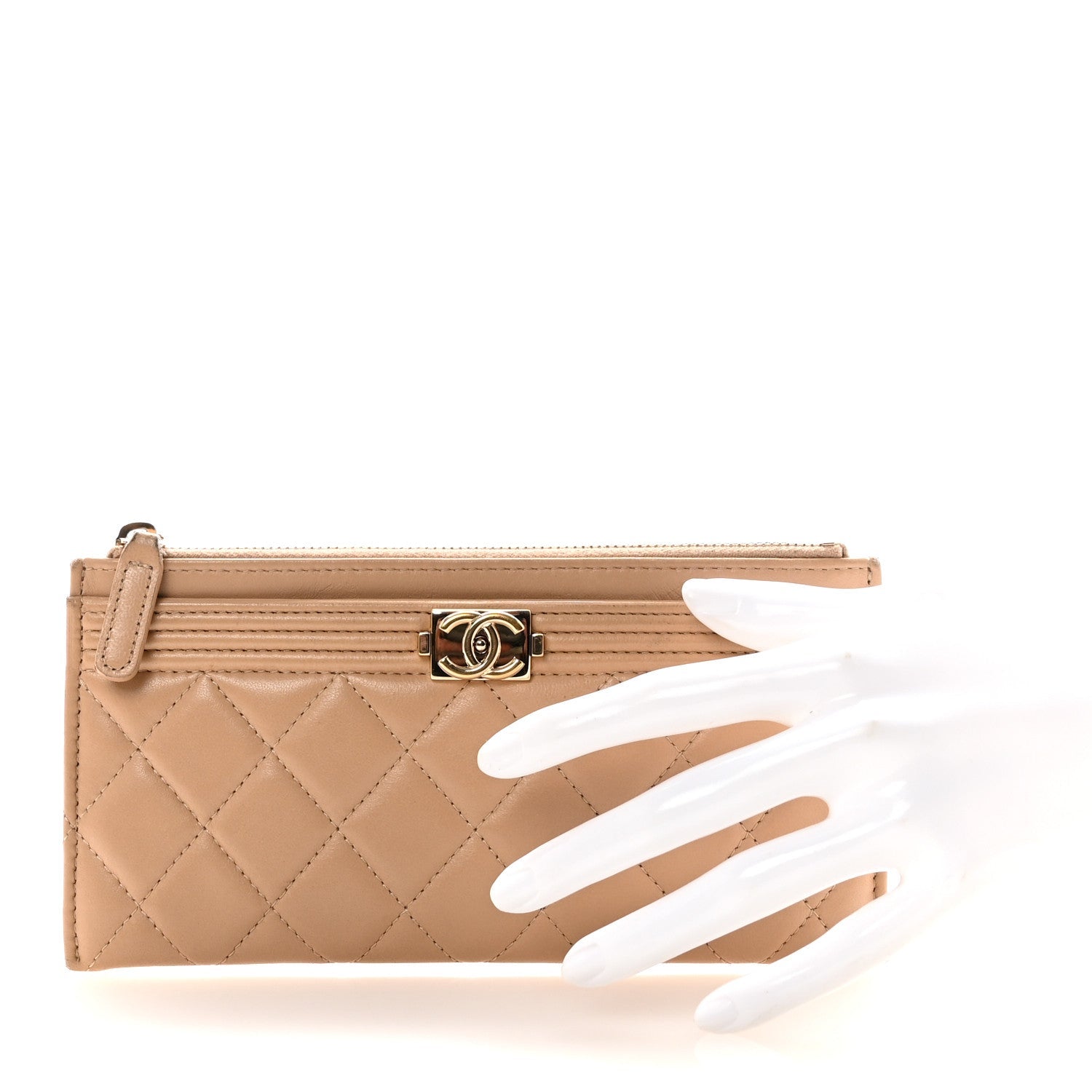 Lambskin Quilted Classic Zip Boy Pouch Beige