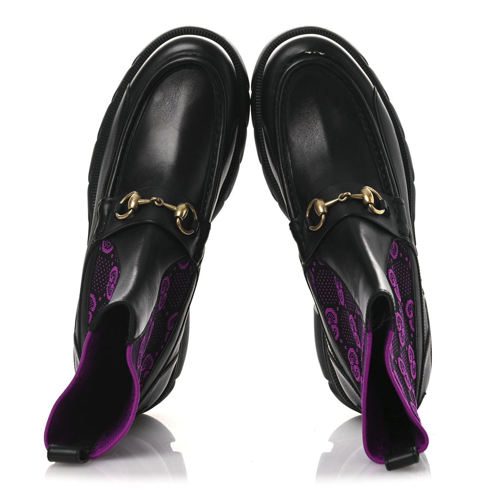 Gucci Quebec Calfskin Technical Jersey Knit GG Monogram Horsebit Ankle Boots 42 Black Fucsia
