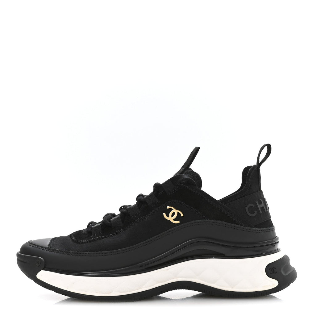 Chanel Velvet Calfskin Mixed Fibers CC Sneakers 37.5 Black