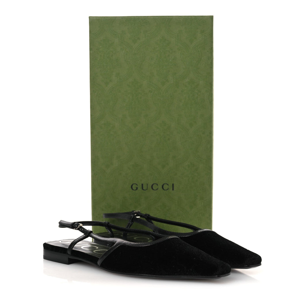 Gucci New Velvet Ashmir GG Monogram Malaga Kid Slingback Ballet Flats 37 Black