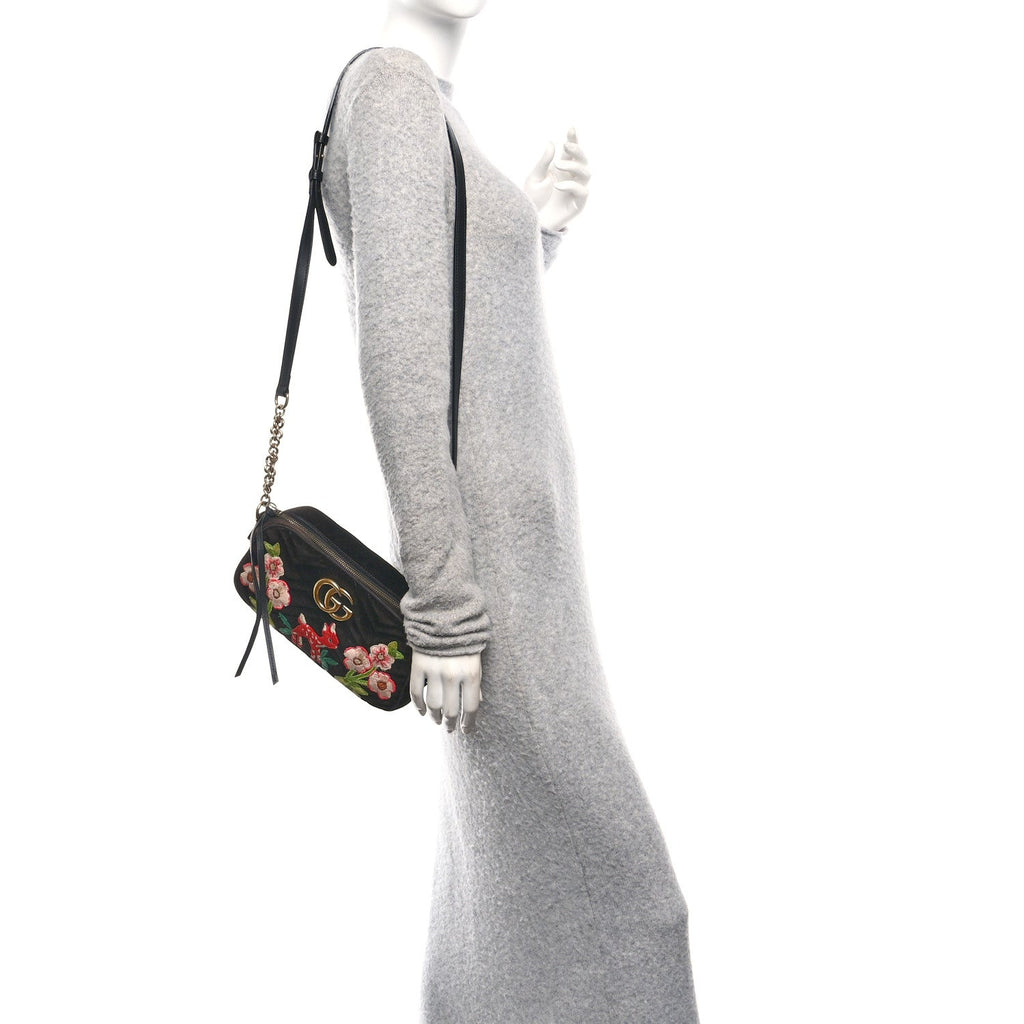 Gucci Velvet Matelasse Deer Embroidered Small GG Marmont Chain Shoulder Bag Black