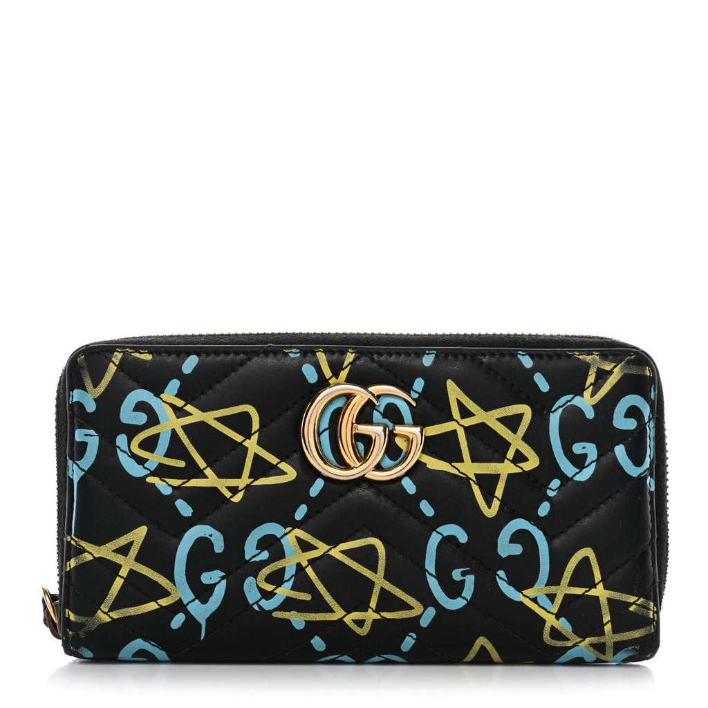 Gucci Calfskin Matelasse GucciGhost GG Marmont Zip Around Wallet Black New Acquamarine
