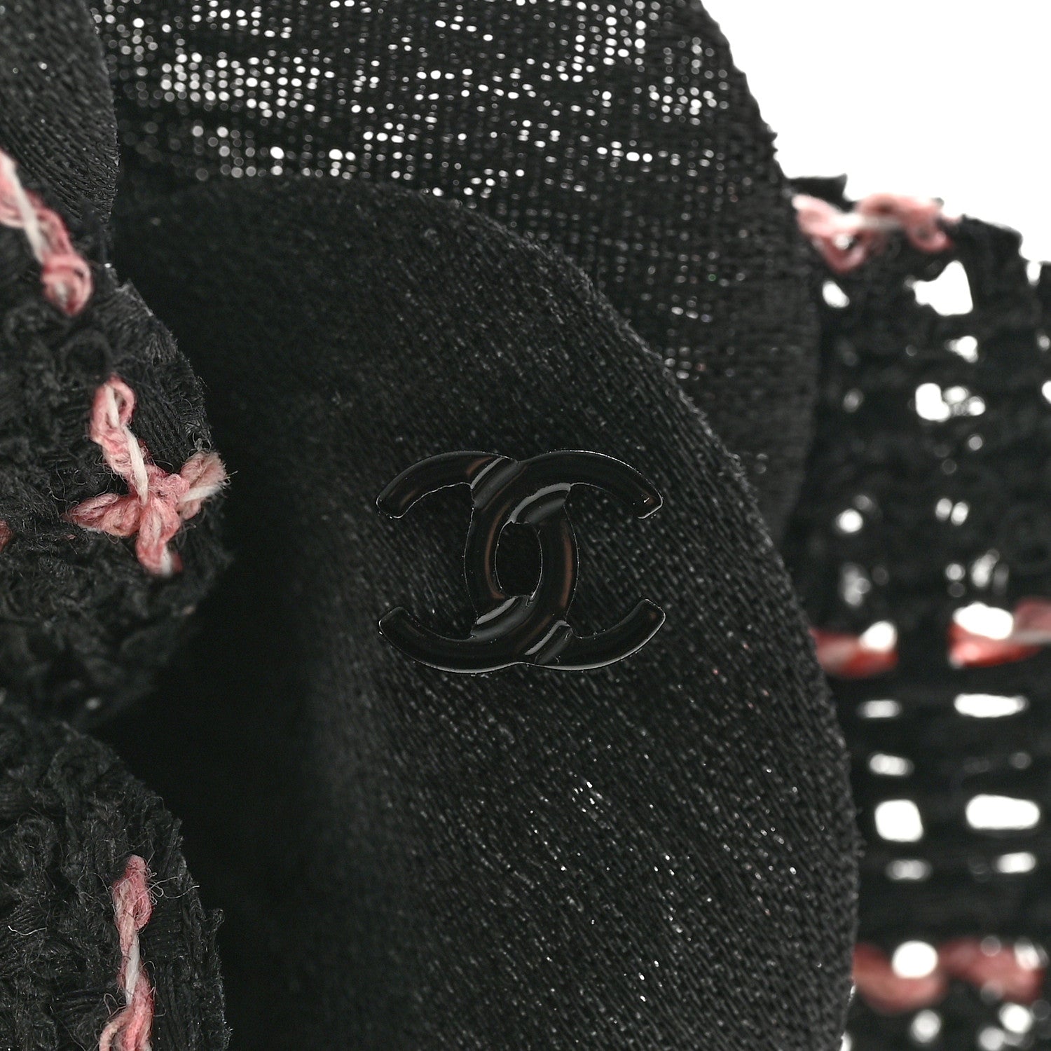 Chanel Tweed Fabric Camellia Pin Brooch Black Pink