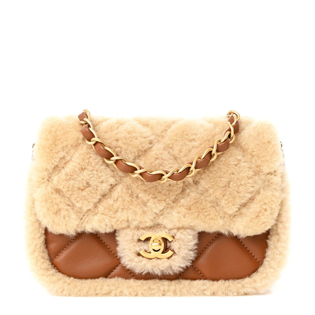 Chanel Shearling Lambskin Quilted Mini Furry Coco Flap Beige Brown