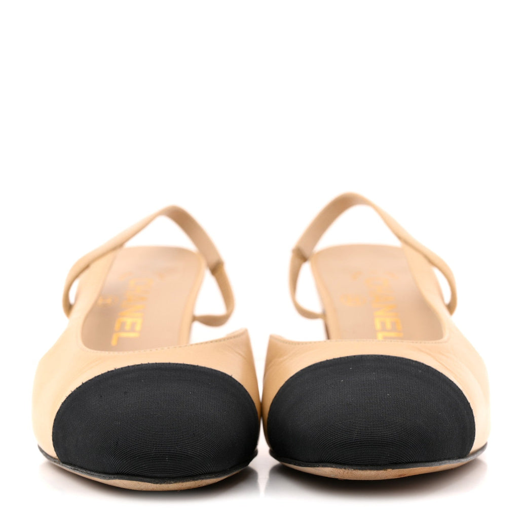 Goatskin Grosgrain Cap Toe CC Slingback Pumps 36 Beige Black