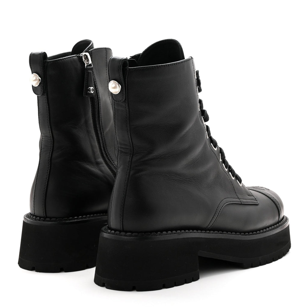 Calfskin Cap Toe Lace Up Combat Boots 39 Black