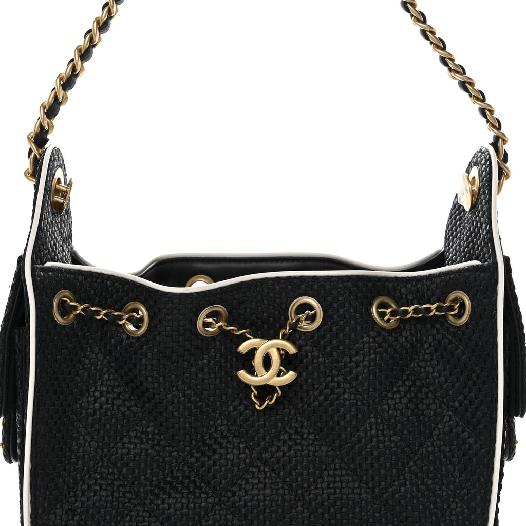 Chanel Braided Raffia Calfskin Quilted Mini Chanel 25 Handbag Black White