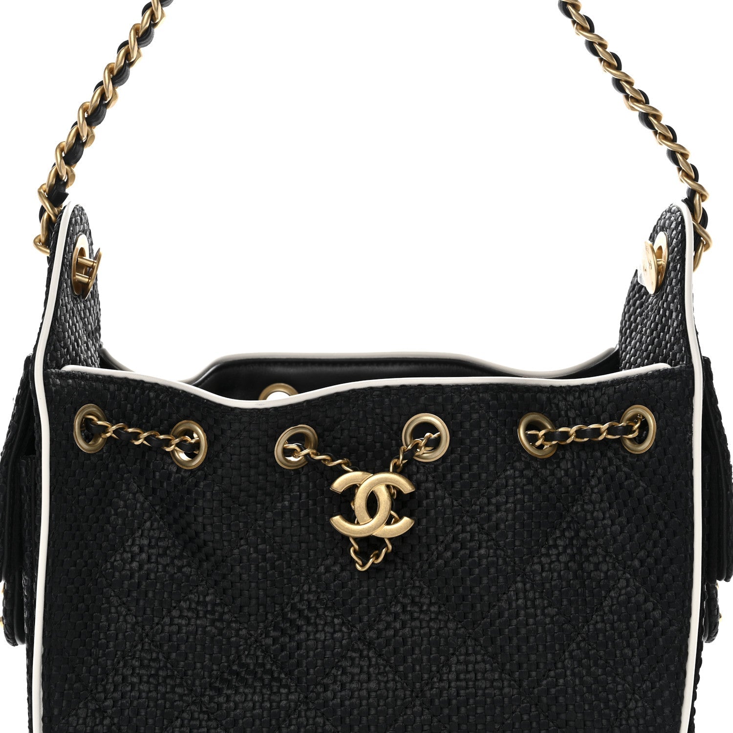 Chanel Braided Raffia Calfskin Quilted Mini Chanel 25 Handbag Black White