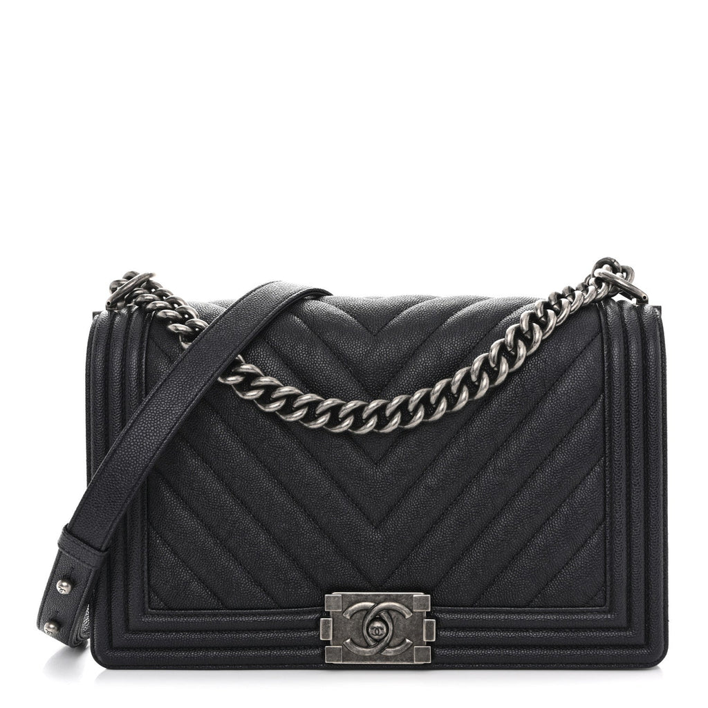 Chanel Caviar Chevron Quilted New Medium Boy Flap Dark Navy Blue