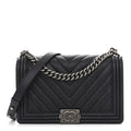 Chanel Caviar Chevron Quilted New Medium Boy Flap Dark Navy Blue