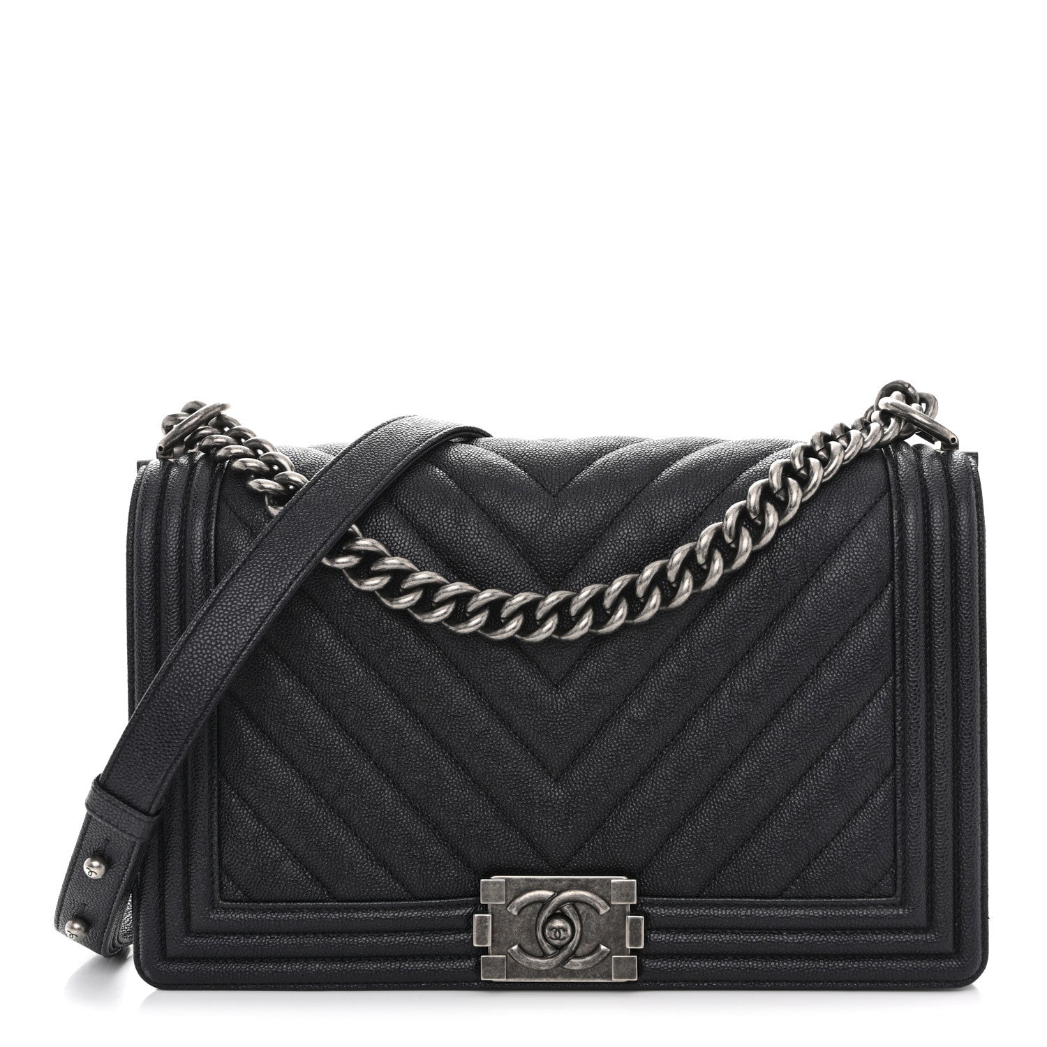 Chanel Caviar Chevron Quilted New Medium Boy Flap Dark Navy Blue