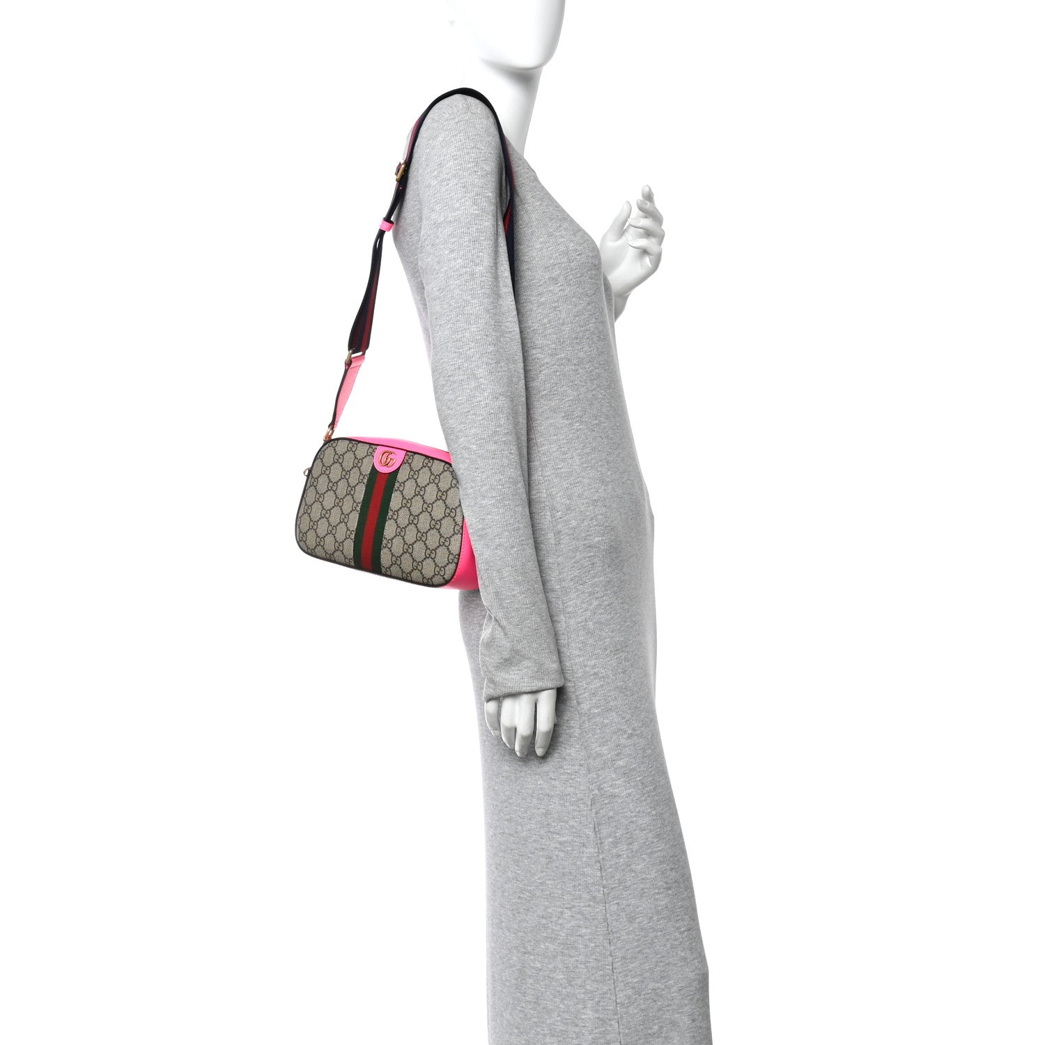 Gucci GG Supreme Monogram Textured Dollar Calfskin Web Ophidia Small Crossbody Bag Beige Ebony Fuchsia
