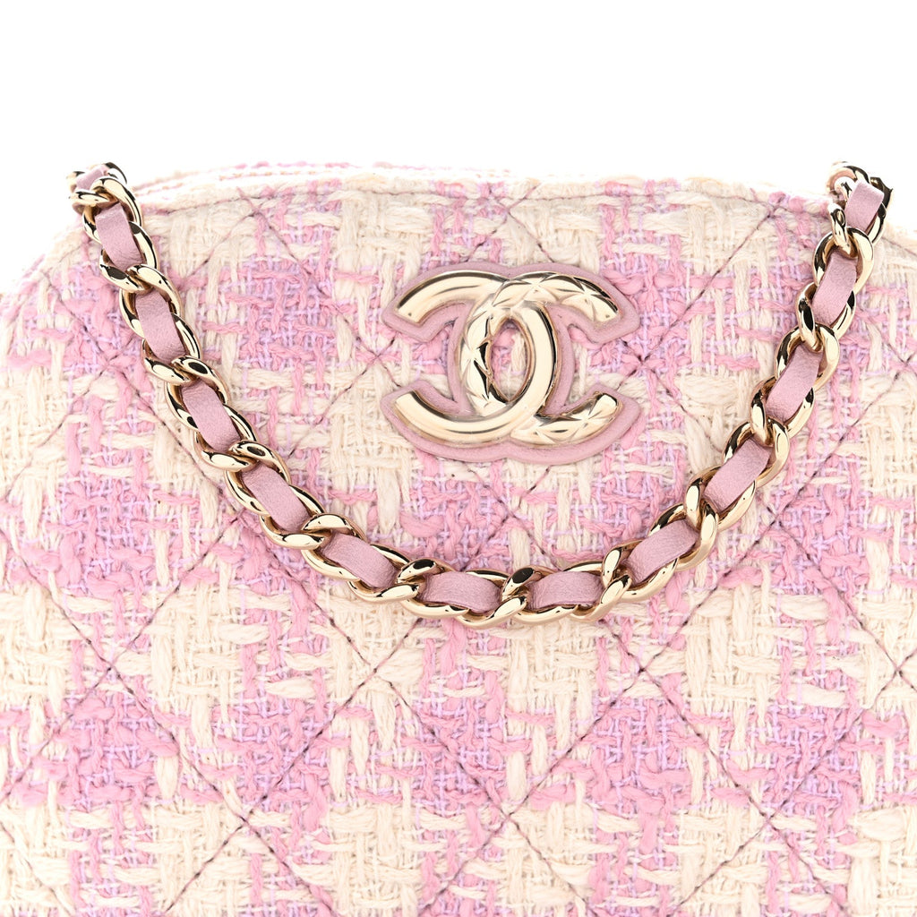 Chanel Tweed Quilted Mini Clutch With Chain Pink