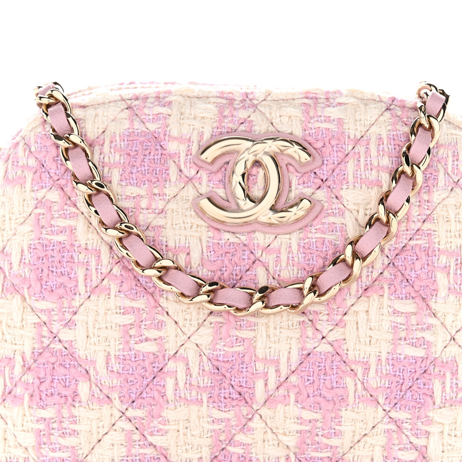 Chanel Tweed Quilted Mini Clutch With Chain Pink