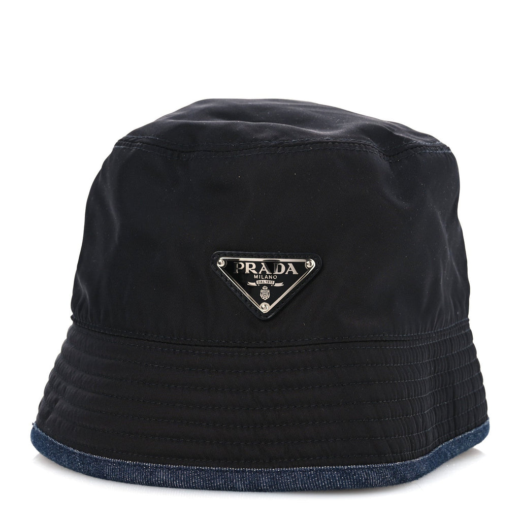 Prada Nylon Denim Metal Triangle Logo Bucket Hat S Black