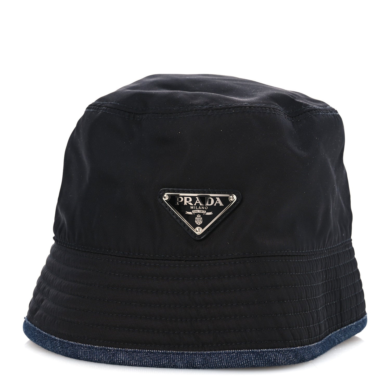 Prada Nylon Denim Metal Triangle Logo Bucket Hat S Black