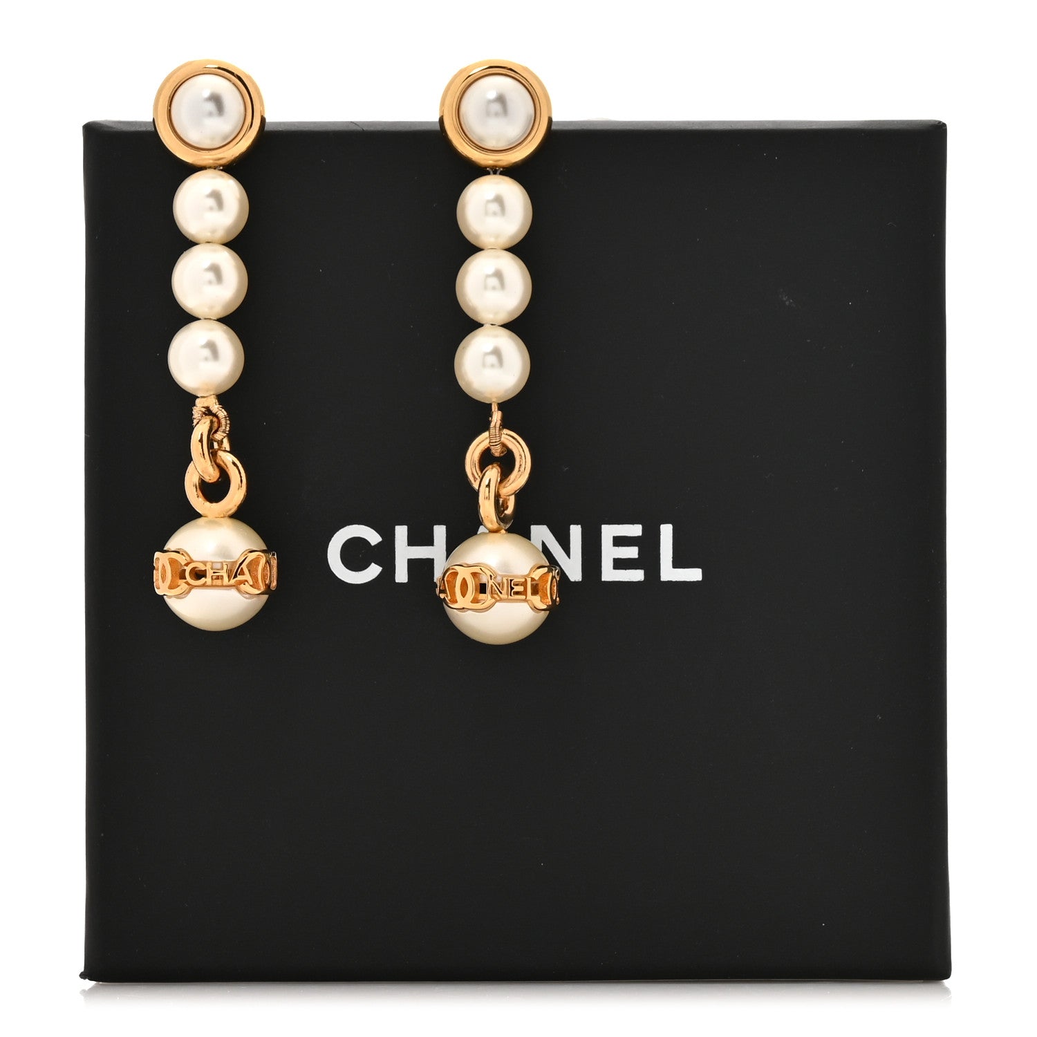 Metal Pearl CC Logo Drop Earrings White Gold