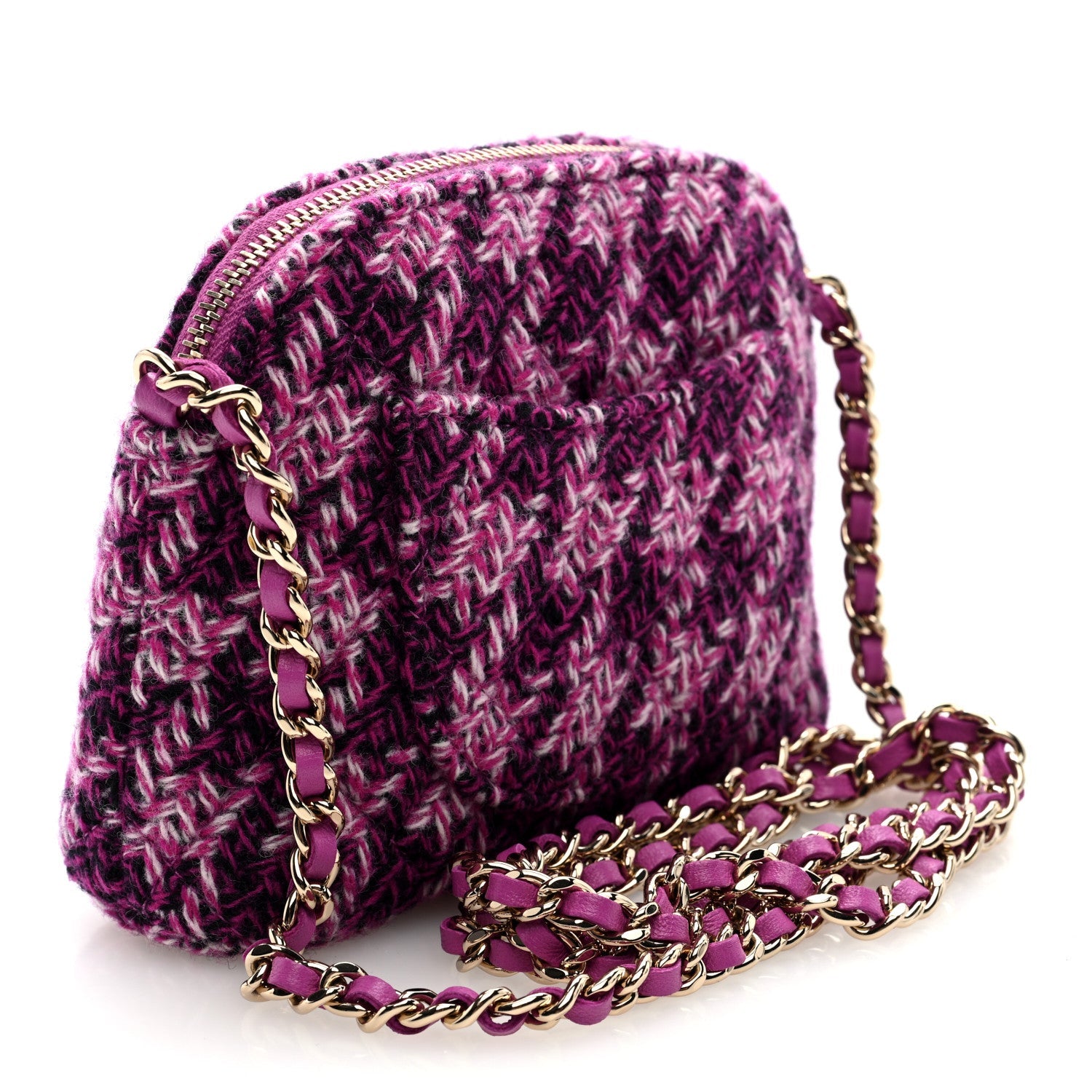 Chanel Tweed Quilted Mini Clutch With Chain Purple