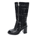 Chanel Tweed Calfskin Patent Cap Toe CC High Boots 37.5 Black Navy White