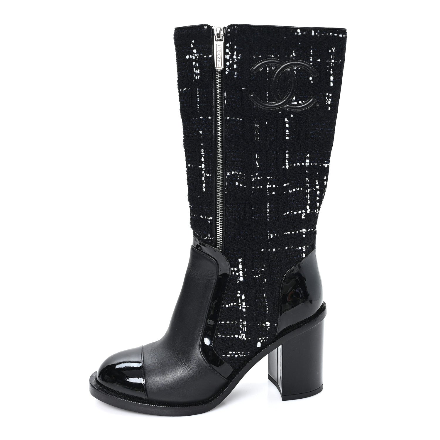 Chanel Tweed Calfskin Patent Cap Toe CC High Boots 37.5 Black Navy White