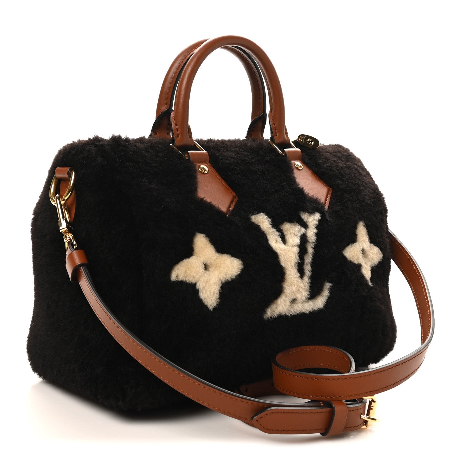 Louis Vuitton Shearling Monogram LV Ski Cozygram Speedy Bandouliere 25 Chocolate Cream