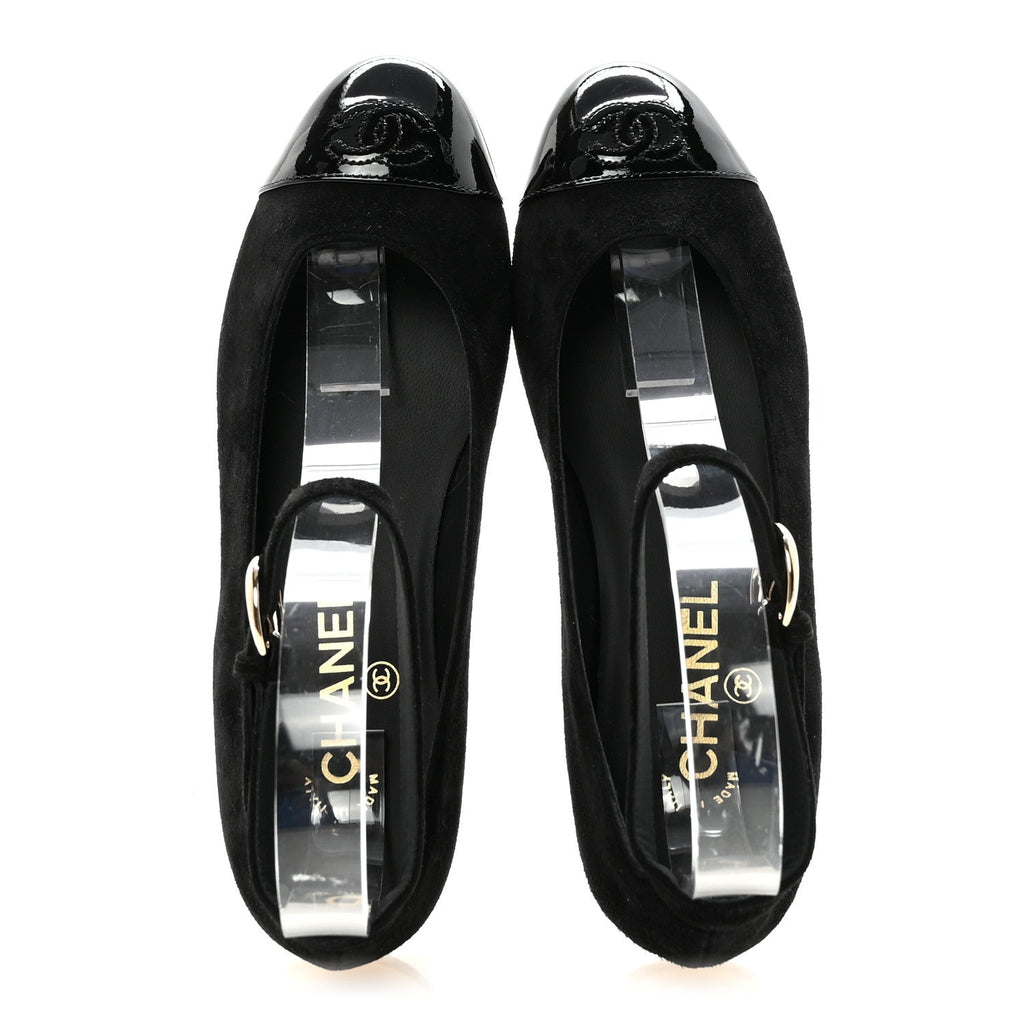 Chanel Suede Patent Cap Toe CC Mary Jane Flats 37 Black