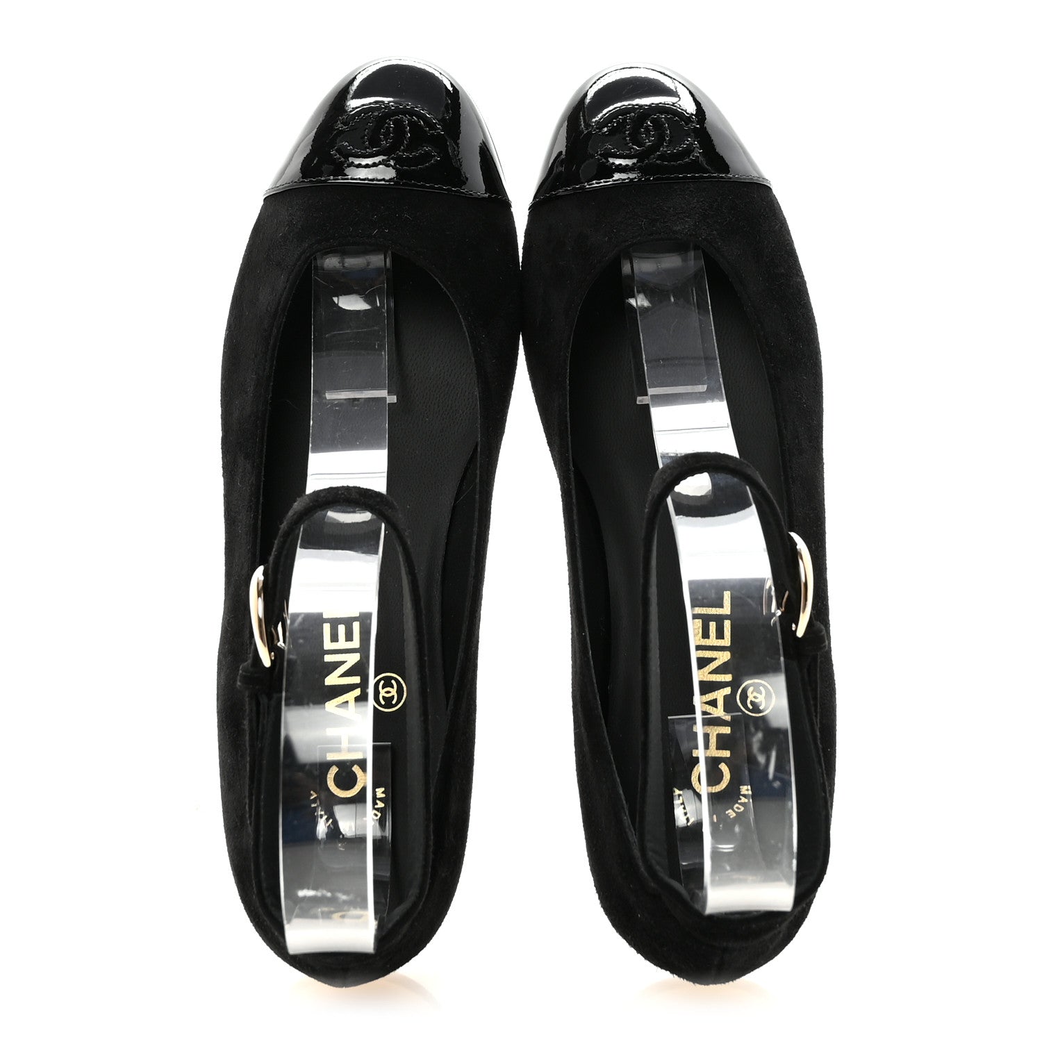 Chanel Suede Patent Cap Toe CC Mary Jane Flats 37 Black