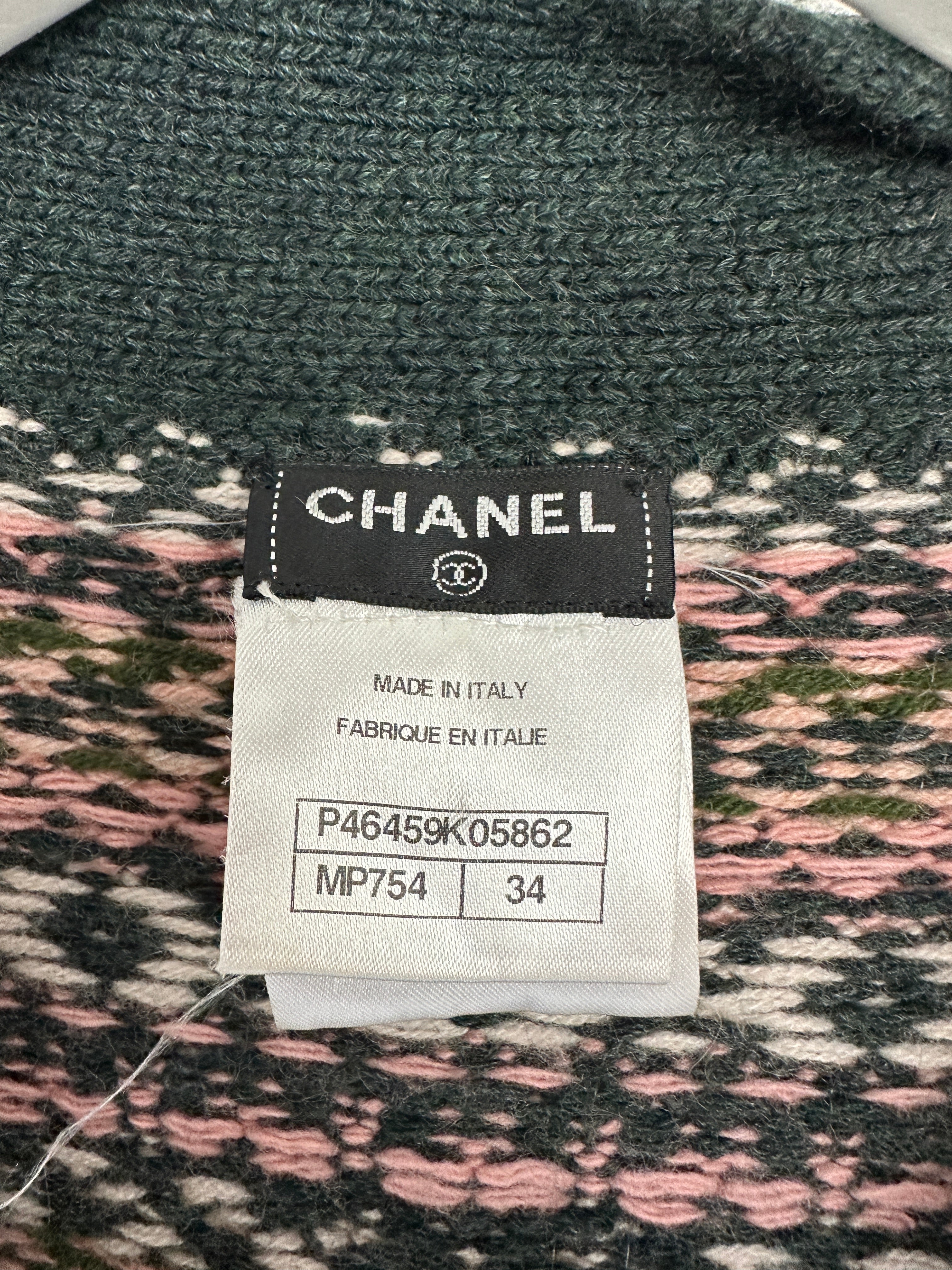 Chanel Green Metiers D'Art Paris-Edinburgh Long-Line Cardigan with Lion Button Detail Size FR 34 (UK 6)